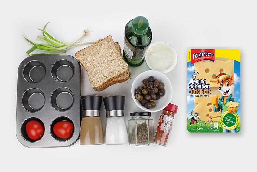 Zutaten für leckere Tomaten-Toast-Muffins